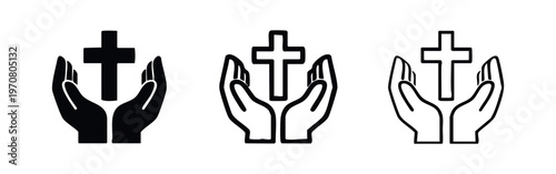 Hands Holding Christian Cross Icons Set. Symbol of Faith, Prayer, and Religious Belief.