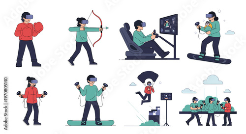 Set of diverse people experiencing various virtual reality simulations like sports, driving, paragliding, and archery using high-tech vr gear.