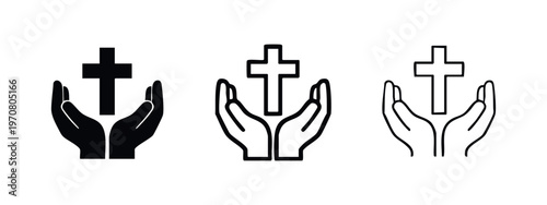 Hands Holding Christian Cross Icons Set. Symbol of Faith, Prayer, and Religious Belief.