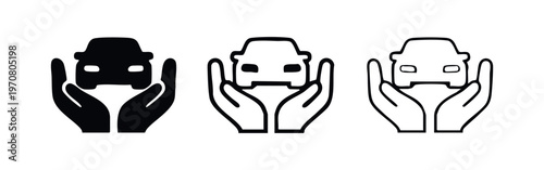 Hands Holding Car Icons Set. Vehicle Protection, Insurance, and Automotive Care Symbol.