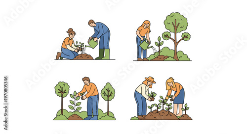 Group of diverse people actively participating in environmental reforestation by planting young trees and watering them in various settings.