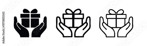 Hands Holding Festive Gift Box Icon Set. Present, Celebration, and Surprise Symbols in Various Styles.