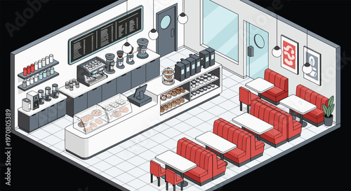 Modern isometric coffee shop interior featuring a long service counter, red seating booths, professional espresso machines, and pastries.