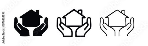 Hands Holding Home Icon Set. Housing, Property, and Residential Care Symbols in Multiple Styles.