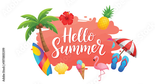 Summer vacation icons, Hello Summer graphic, tropical holiday elements, colorful beach symbols