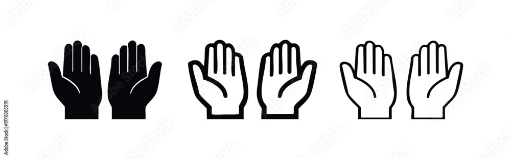 Obraz premium Open hands icon set. Palms up gesture, representing prayer, help, giving, or receiving in different styles.