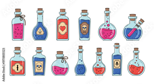 Magical collection of various glass potion bottles in different shapes and colors containing colorful liquids for fantasy or gaming concepts.