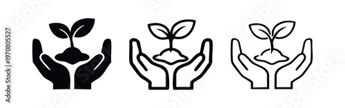Hands Holding Sprouting Plant Icons Set. Growth, Nature, and Environmental Care Symbol Collection.