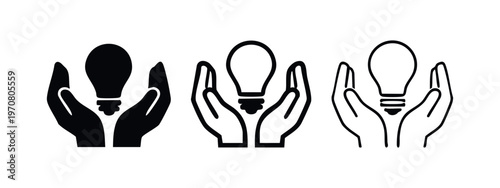 Hands Holding Lightbulb Icons Set. Idea, Innovation, and Creative Solution Symbol Collection.