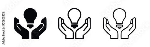 Hands Holding Lightbulb Icons Set. Idea, Innovation, and Creative Solution Symbol Collection.