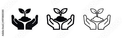 Hands Holding Sprouting Plant Icons Set. Growth, Nature, and Environmental Care Symbol Collection.