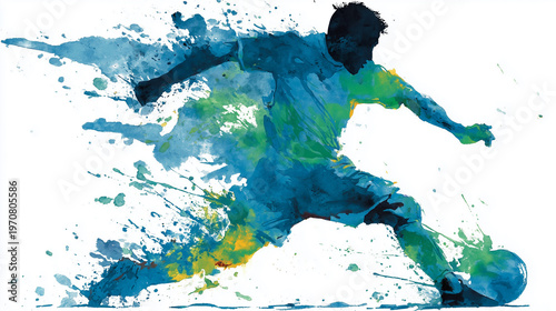 サッカー選手がボールを蹴る躍動的な水彩画イラスト