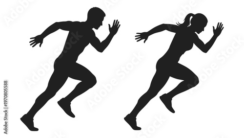 Silhouettes of a running man and woman in athletic poses facing each other