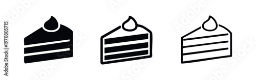 Birthday Cake Slice with Candle Icon Set. Dessert Symbol Vector in Solid, Bold Outline, and Thin Line Styles.