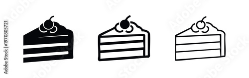 Cake Slice with Cherry Icon Set. Dessert Symbol Vector Illustration in Solid, Bold Outline, and Thin Line Styles.