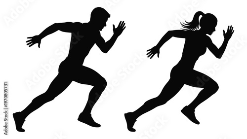 Silhouettes of a man and woman running depicted in a dynamic and athletic pose