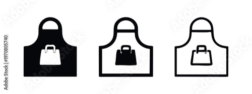 Apron and shopping bag icons. Retail and grocery uniform symbols, shopping service vector set. Store worker concept.