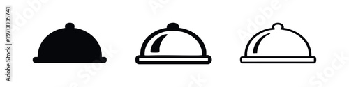 Food cloche icon set. Restaurant serving bell vector, dinner plate cover symbol for hospitality and catering.