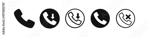 Phone call icons set. Incoming, missed, and general phone symbols in solid and outline styles.
