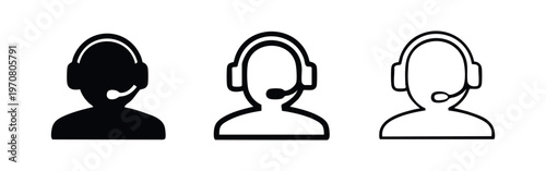 Customer support person with headset icons. Online assistance vector symbols, helpdesk agent set for communication.