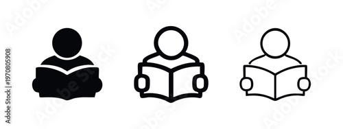 Student reading book icon set, vector person with open book symbols in solid and outline styles