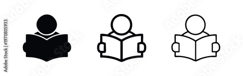 Person reading book icon set, vector student or reader symbols in solid and outline styles