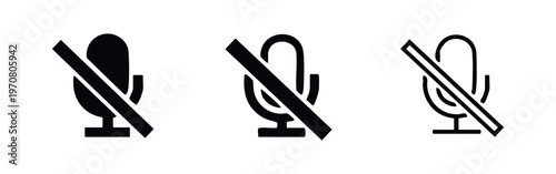 Audio muted microphone icon set, vector silent mic symbols with diagonal line in solid and outline styles