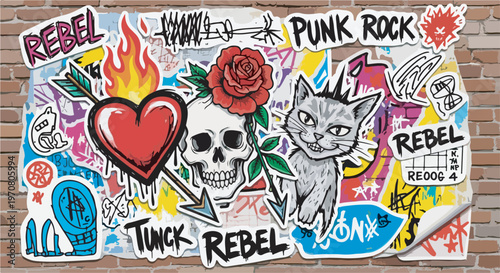 Urban graffiti art with skulls, roses, and black cat stickers eps 10