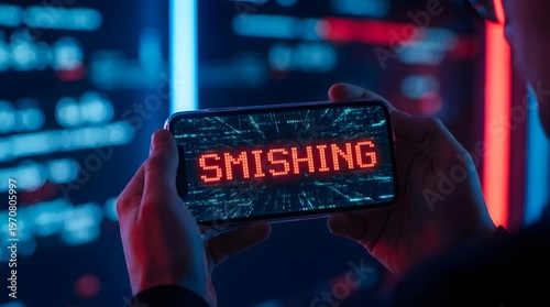 Smishing cyber attack concept on smartphone screen with warning message, phishing scam via SMS targeting personal data, cybersecurity threat and digital fraud awareness in modern technology environmen