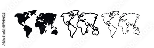 Minimalist World Map Icon Collection - Global Geography, Earth, and Travel Vector Symbols