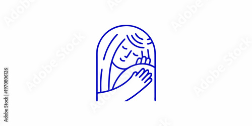 A minimalist blue line drawing of a person covering their face