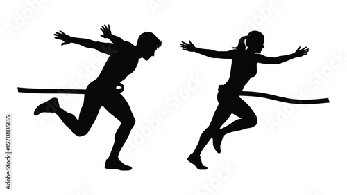 Silhouette of a man and woman racing towards a finish line arms outstretched