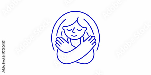 Simple line drawing of a woman embracing herself with eyes closed