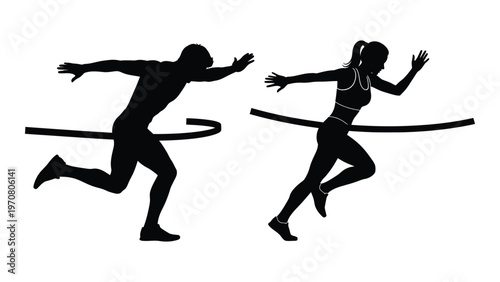 Silhouette illustration of a man and woman racing towards a finish line