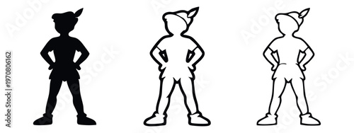 Fantasy Boy Character Icon Set - Peter Pan Inspired Silhouette and Outline Symbols for Childhood