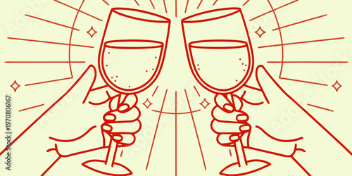 Two hands clink champagne glasses in a minimalist celebratory illustration