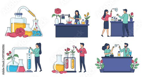 Set of detailed illustrations showing the laboratory process of perfume and essential oil production using various flowers and glassware.