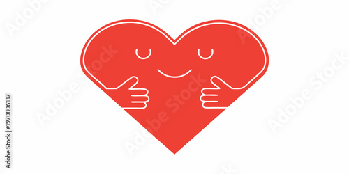 A red heart embraces itself with white arms and a smiling face
