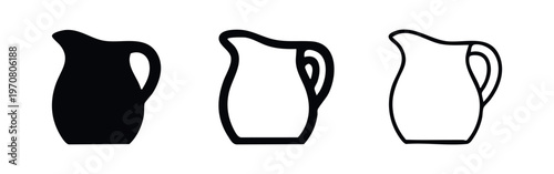Milk pitcher icon set. Beverage jug symbol in glyph, outline, and line style for dairy or kitchen concepts.