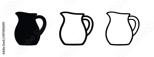 Pitcher icon set. Milk jug symbol in glyph, outline, and line style for graphic design and web applications.
