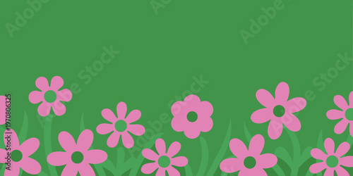 Simple illustration of pink flowers with green stems on a green background