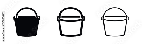 Water bucket icon set. Cleaning pail symbol vector illustration, empty container for liquids.