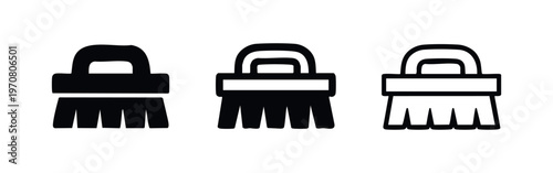 Hand scrubbing brush icon set. Cleaning tool symbol vector, household chore equipment.