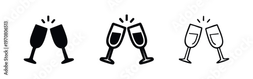 Cheers champagne glasses clinking icon set. Flat vector symbols for celebration, party, new year, and events.