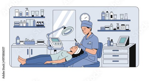 Professional aesthetician performing a detailed facial treatment or microblading procedure on a client in a modern high-end beauty clinic.