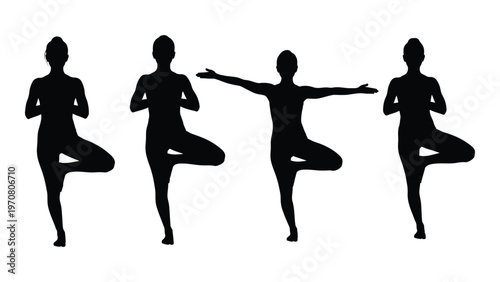 Silhouette depictions of four women performing various yoga poses against a white background