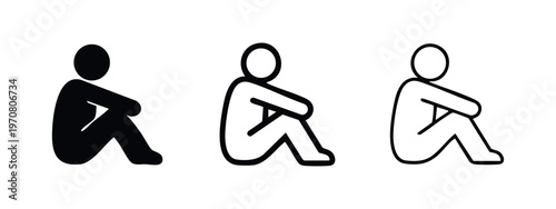 Sitting Person Icon Set. Outline and Solid Style Human Figure Symbols for Rest, Contemplation, or Sadness.