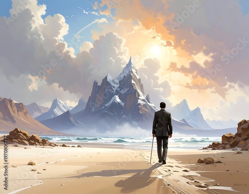 A lone man in a suit walks along a sandy beach towards a majestic mountain range