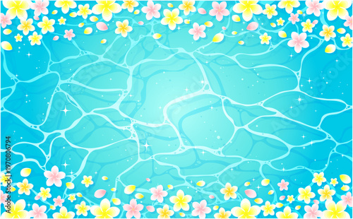 キラキラした海とプルメリアのフレーム3_横