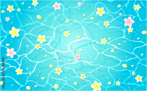 キラキラした海とプルメリアの背景_横